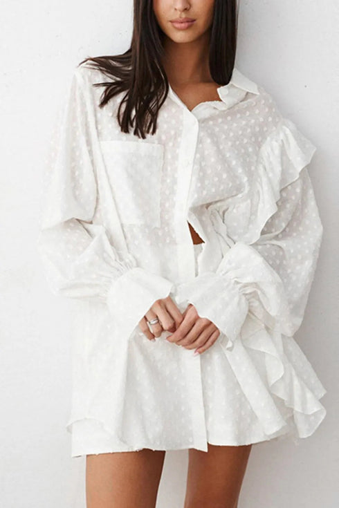 'Avonlace' Collared Neck Top and Shorts Set - Celes Fashion